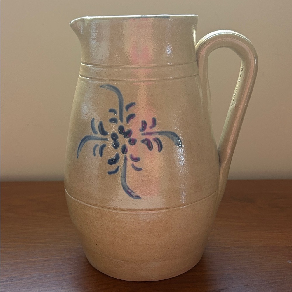 Williamsburg Artisan Cream Ceramic Pitcher with Blue and Purple Floral Design